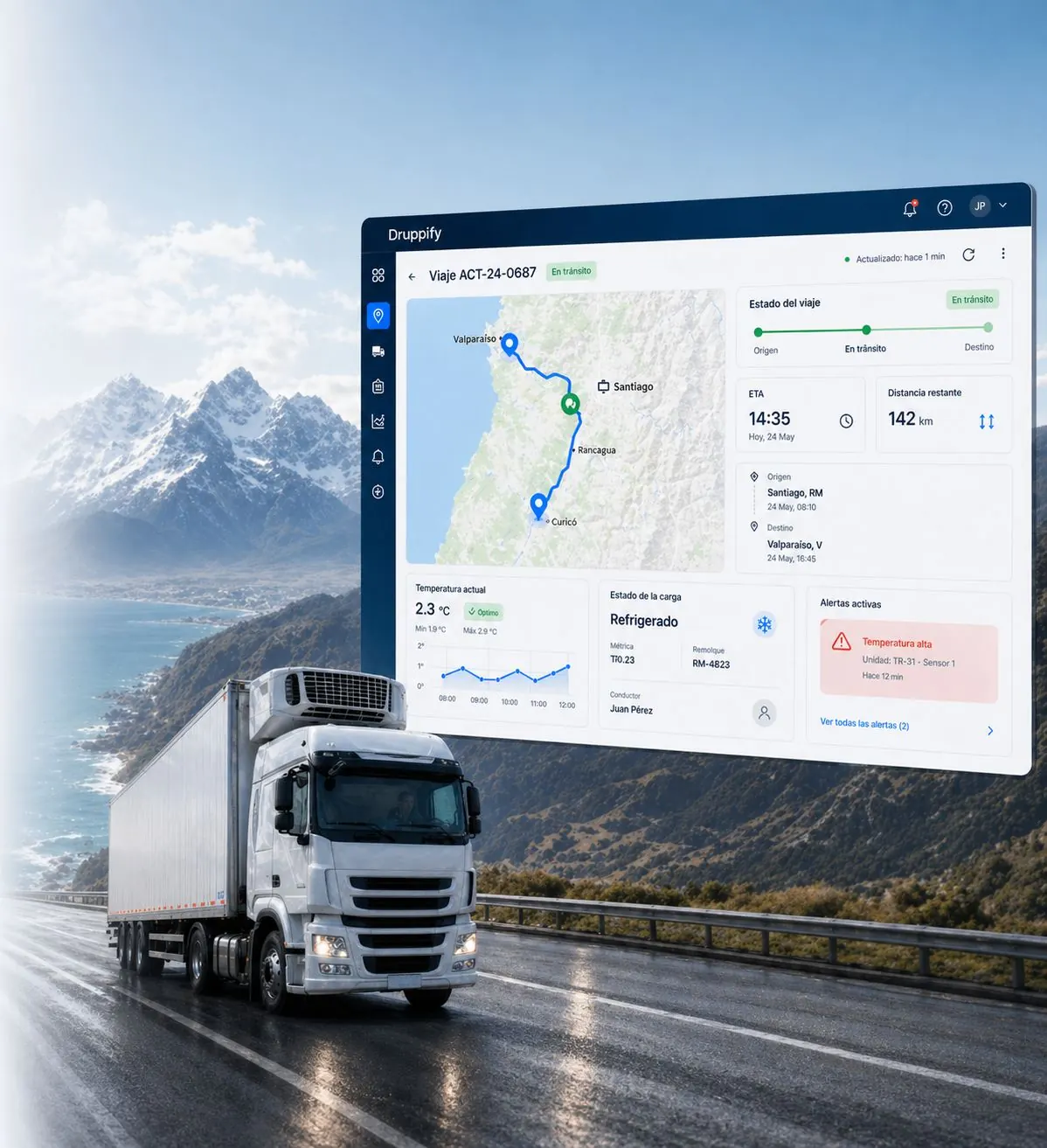 IoT temperature and cargo traceability sensors integrated into the Druppify dashboard