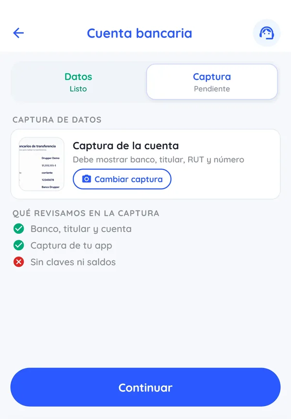 Service provider app: Bank account, with the screenshot of the transfer details already attached, what is checked in it (bank, account holder and account; an app screenshot; no passwords or balances) and the Continue button.