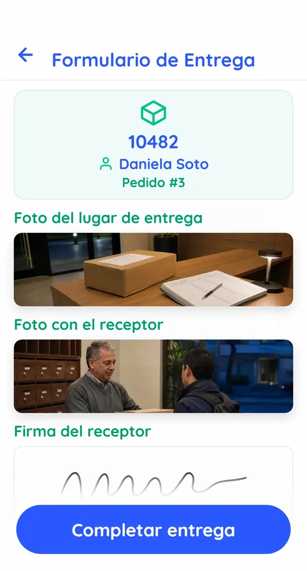 App del prestador: Formulario de Entrega de un pedido con la foto del lugar de entrega, la foto con quien recibe, la firma del receptor y el botón Completar entrega.