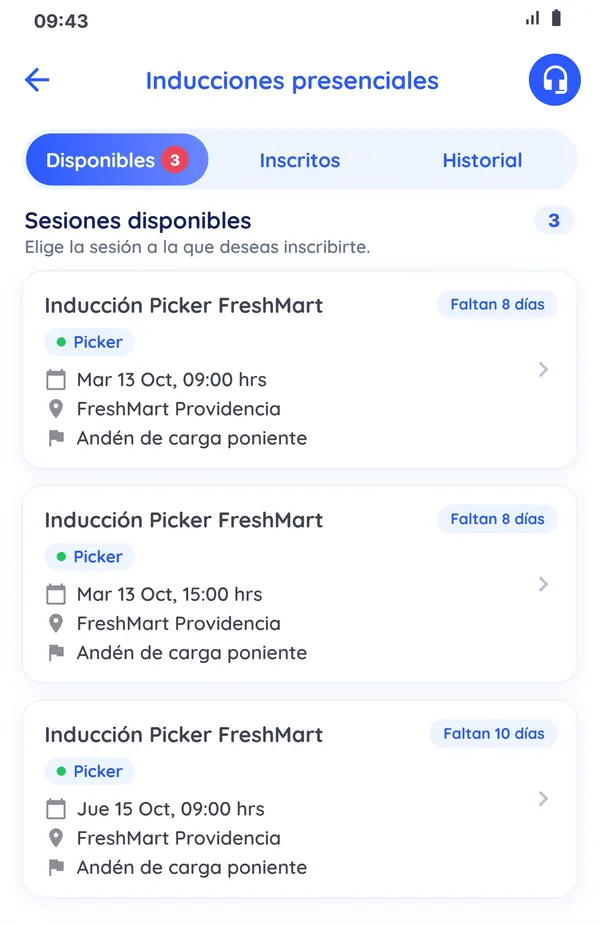 Druppify service provider app: In-person inductions, Available tab with three picker induction sessions at a sample store, showing date, time, location, meeting point and the days remaining.