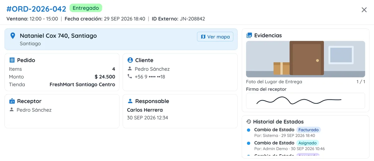 Detalle de una orden entregada: dirección, pedido, cliente, receptor y responsable, la foto del lugar de entrega, la firma del receptor y el historial de estados con quién hizo cada cambio.