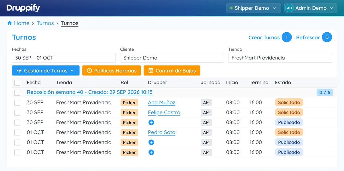 Shifts view in the Druppify WebApp: picker shifts from 30 September to 1 October at a sample store, grouped by request, with the statuses Requested and Posted and the name of the person who applied for each one.