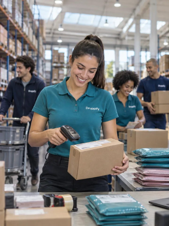 En el área de empaque de un centro de distribución, una prestadora con polera de Druppify escanea la etiqueta de una caja con una sonrisa; detrás, otros prestadores preparan pedidos.