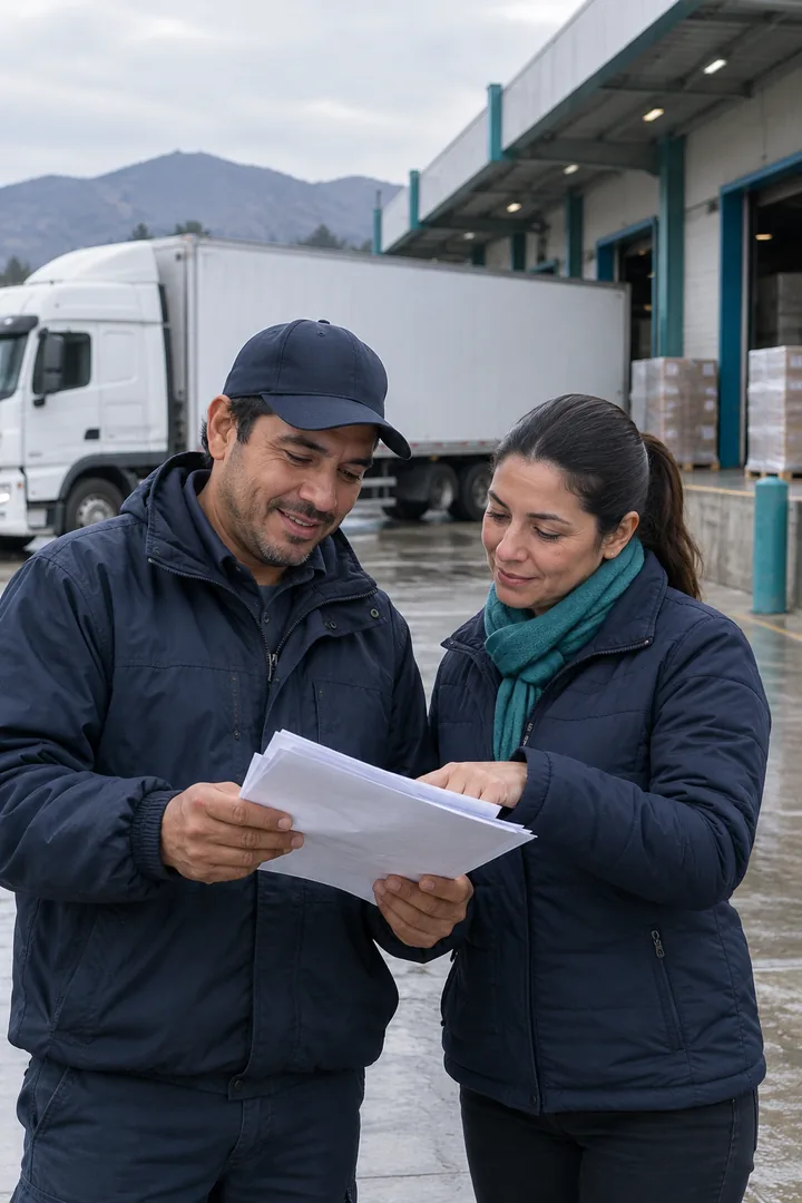 At a loading dock with a wet floor and an unbranded truck behind them, a driver and the dispatch supervisor go over some paper documents together; she points at something on one of the sheets.