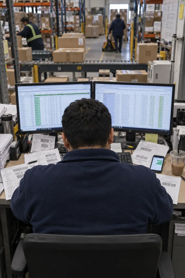 A coordinator reviews a spreadsheet on two monitors in a warehouse office, with boxes and shelving in the background.