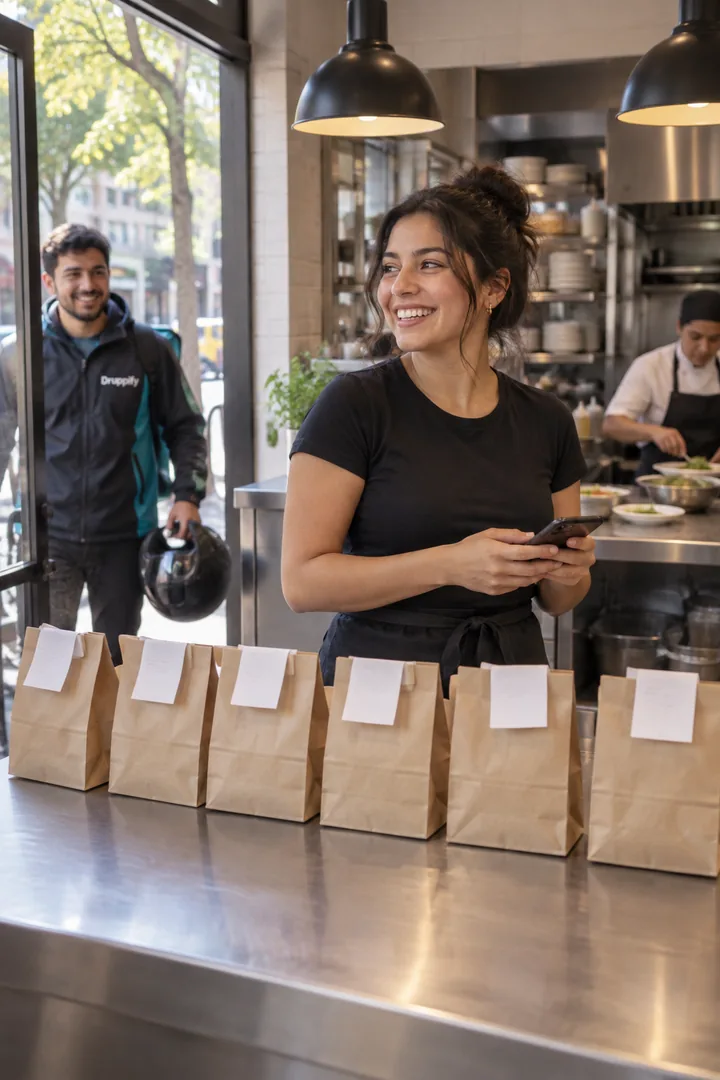 In a neighbourhood café, a row of order bags waits on the steel counter; behind it, the owner smiles, phone in hand, as a Druppify courier walks in through the door.