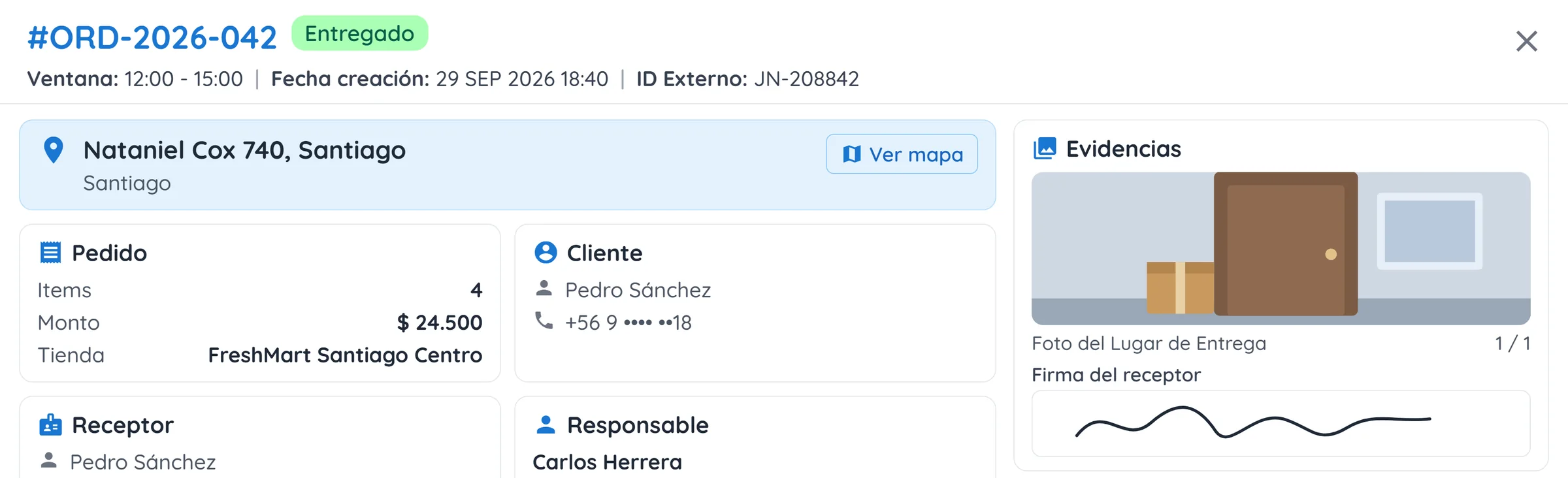 Detalle de una orden entregada: dirección, pedido, cliente, receptor y responsable, la foto del lugar de entrega, la firma del receptor y el historial de estados con quién hizo cada cambio.