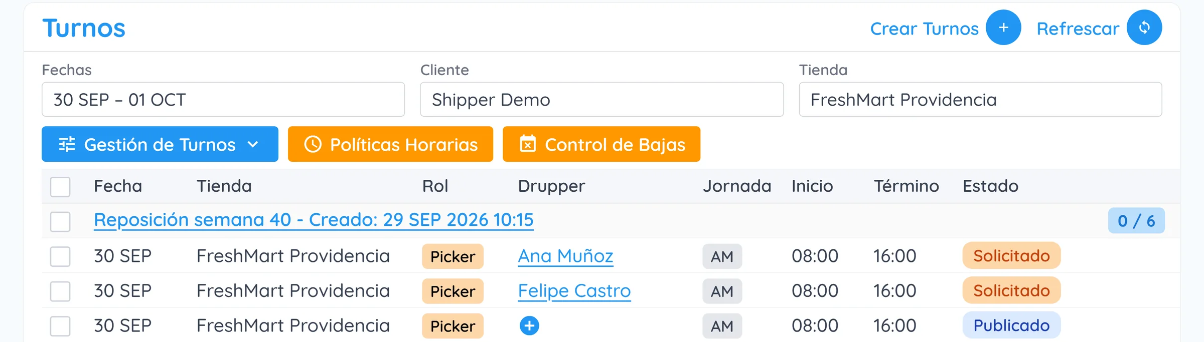 Shifts view in the Druppify WebApp: picker shifts from 30 September to 1 October at a sample store, grouped by request, with the statuses Requested and Posted and the name of the person who applied for each one.