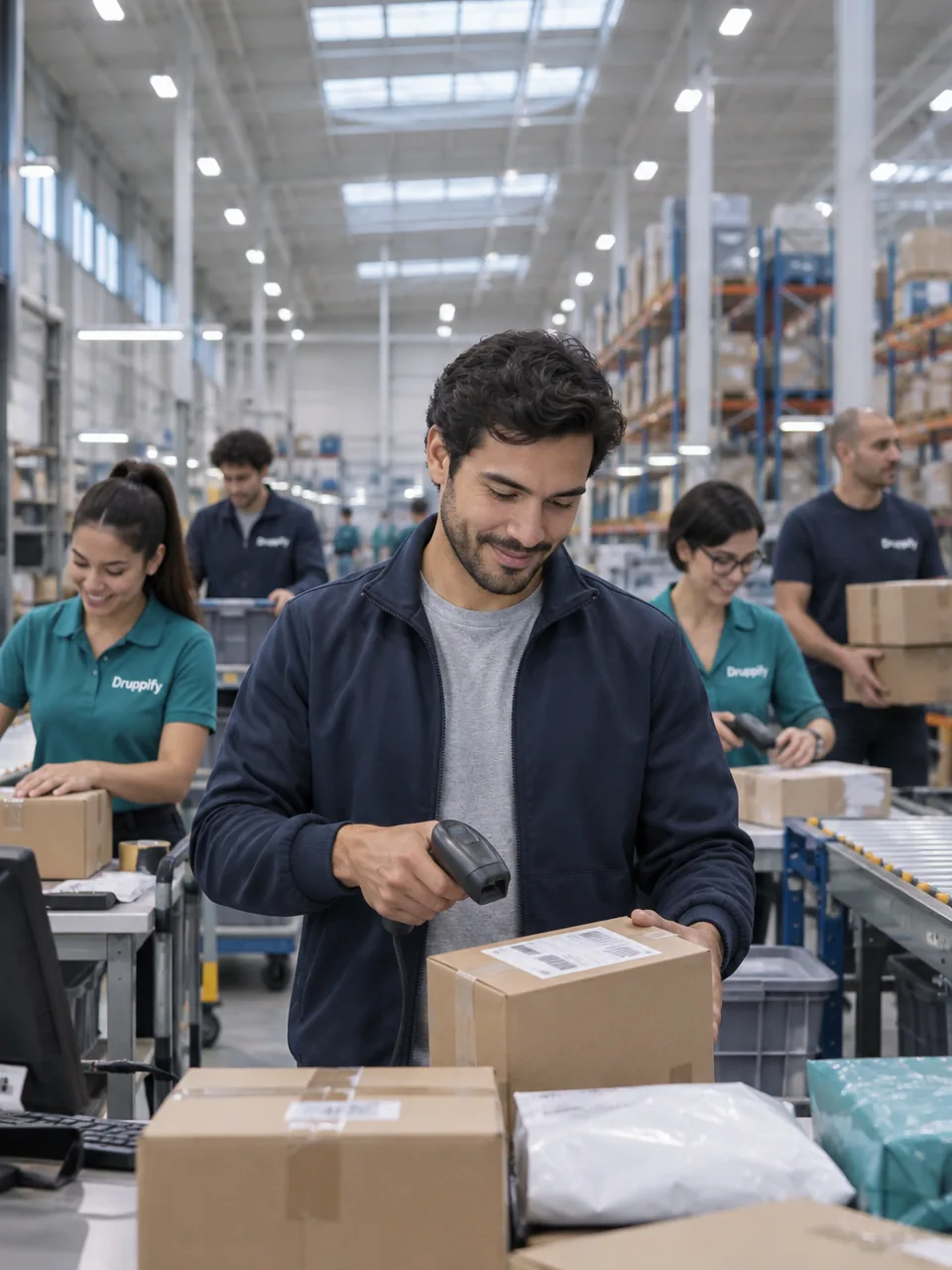 En una bodega que prepara pedidos de varios clientes, el jefe de operación de un operador logístico escanea la etiqueta de un paquete; detrás, prestadores con polera, polar y blusa de Druppify empacan y mueven pedidos.