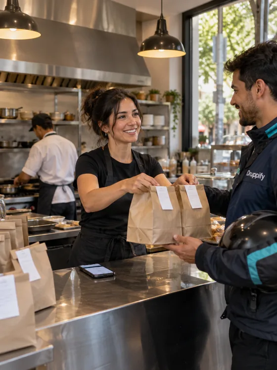 A las 12:30, en un café de barrio, la dueña entrega dos bolsas de pedido a un repartidor con chaqueta de moto de Druppify, que lleva el casco bajo el brazo; su celular queda sobre el mesón.