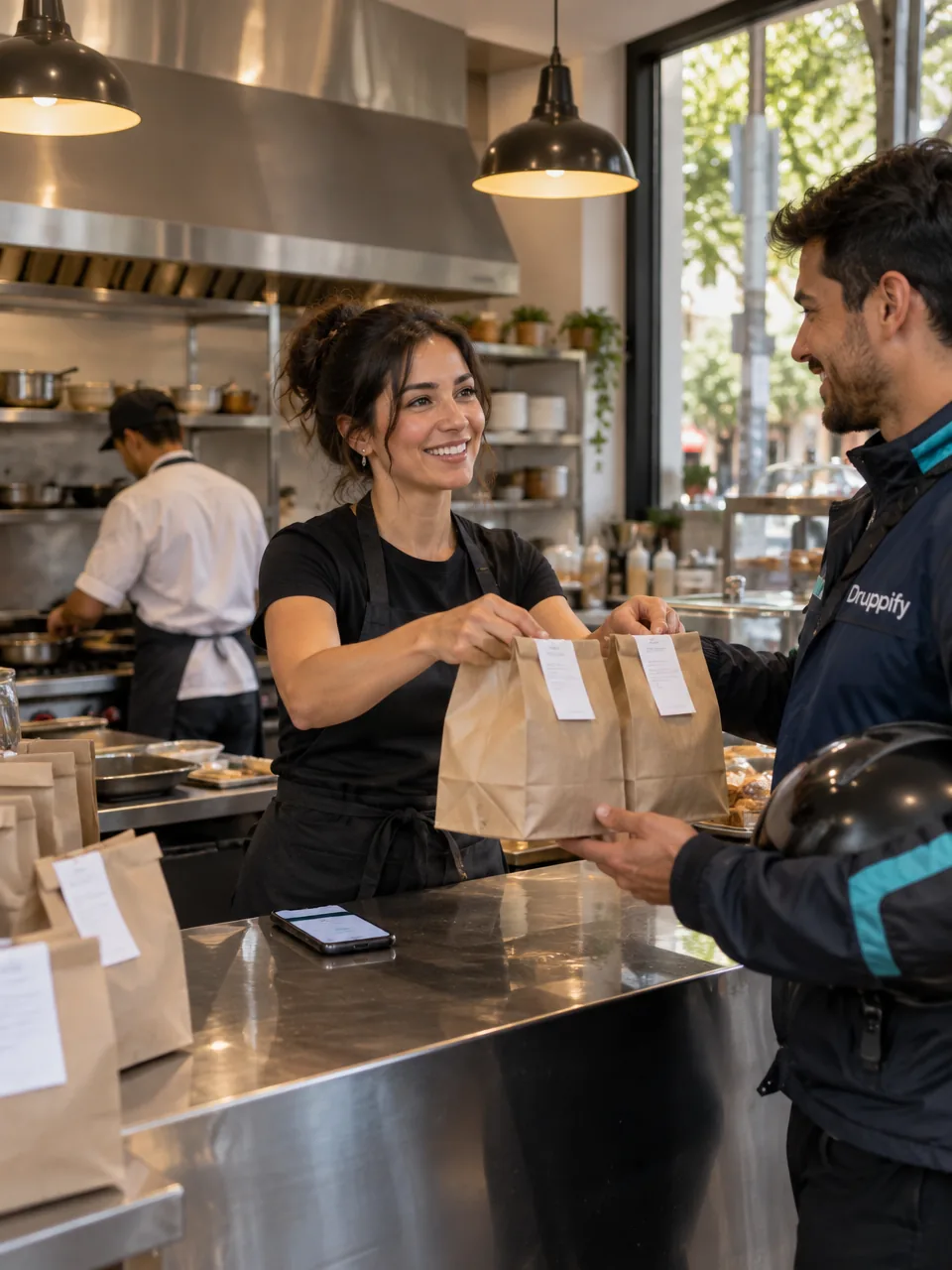 At 12:30, in a neighbourhood café, the owner hands two order bags to a courier in a Druppify motorcycle jacket, his helmet under his arm; her phone lies on the counter.