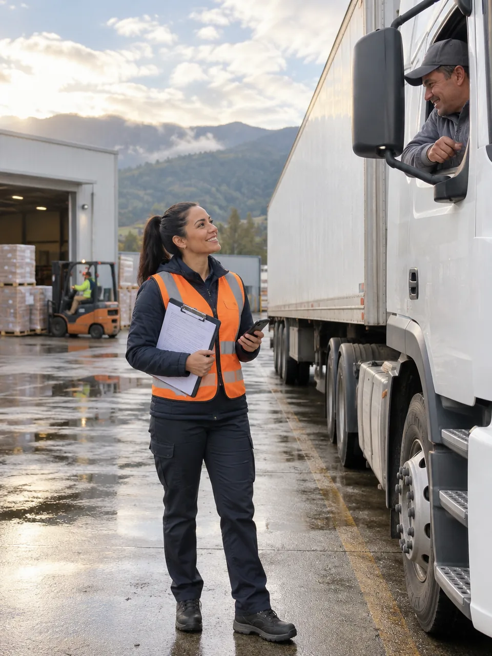 Early in the morning, in a manufacturer's loading yard, the dispatch manager, in a reflective vest and holding a folder and her phone, chats with a smile with the driver leaning out of the cab of an unbranded white truck; in the background, a forklift moves pallets.