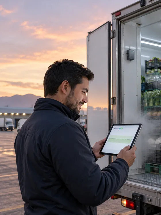 Al amanecer, junto a un camión refrigerado abierto con un pequeño sensor inalámbrico instalado en su interior, un supervisor de cadena de frío revisa en su tablet la curva de temperatura en la app de Druppify.