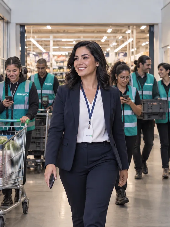 En el pasillo de ingreso de un supermercado, una coordinadora de personal operativo, con su credencial de Druppify, camina sonriendo con el celular en la mano; detrás llega su equipo de prestadores con chalecos de Druppify, entre ellos una shopper con su carro y un picker con cajas.