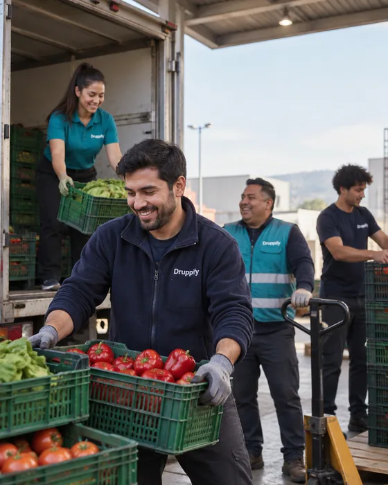 En el andén de un centro de distribución, una cuadrilla de prestadores con ropa de Druppify descarga cajas de verduras de un camión sin marca; en primer plano, uno sonríe con una caja de pimentones y otro empuja una transpaleta.