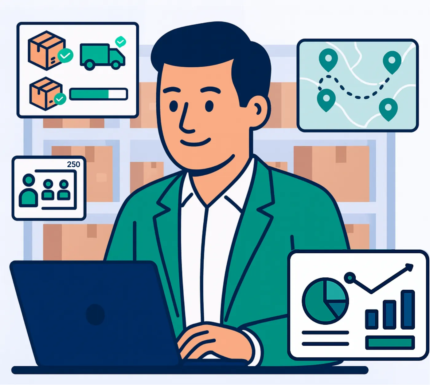 Logistics orchestration view with multiple operators and real-time metrics