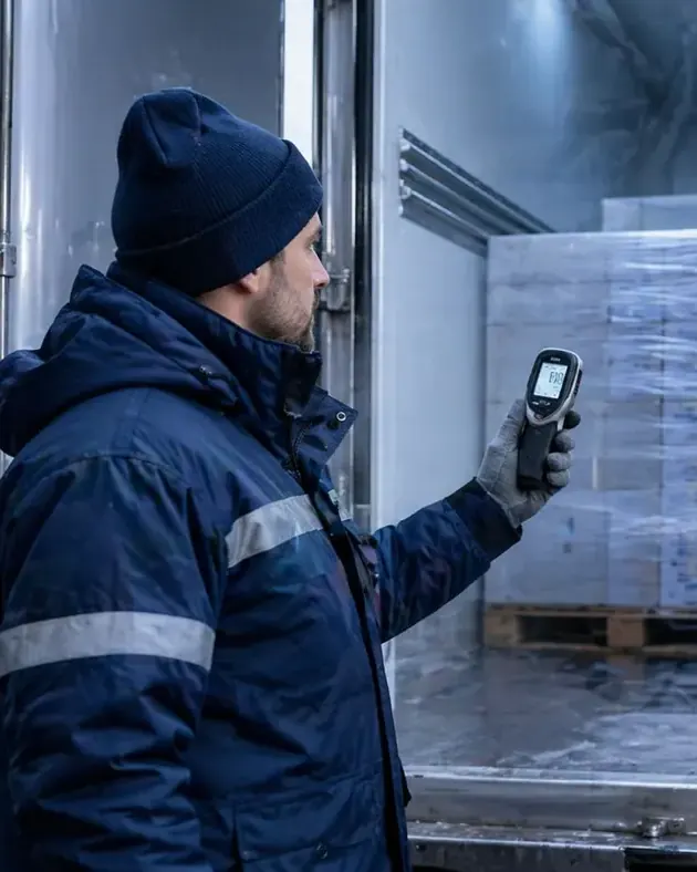 At the open door of a refrigerated truck, a man in a beanie and a warm parka points a handheld thermometer at the wrapped load.